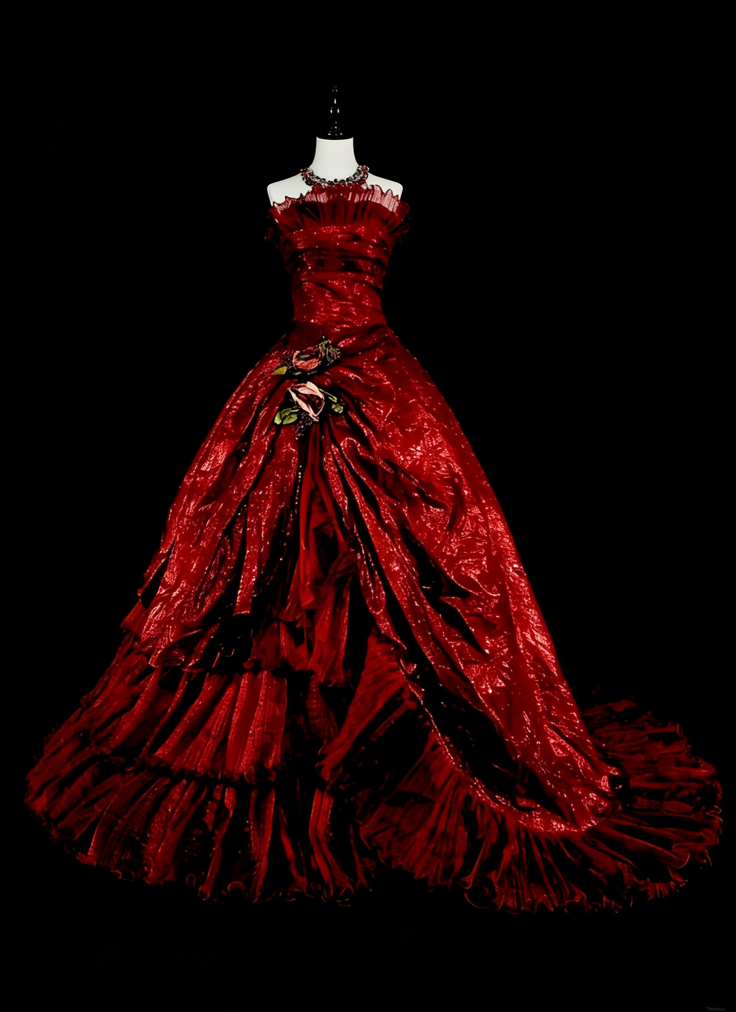 Vintage Abschlussballkleider Ballkleid Trägerlos Burgund Mit Rüschen 1980er Jahre Langes Abendkleid N2707