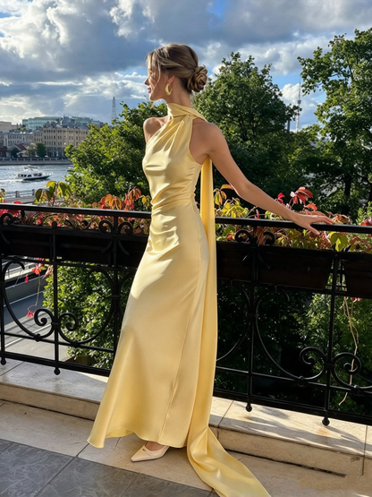Schlichtes, gelbes, langes Meerjungfrauen-Abendkleid mit One-Shoulder-Ausschnitt, elegant und perfekt für festliche Anlässe wie Abschlussball oder Dinnerpartys (AB2048)