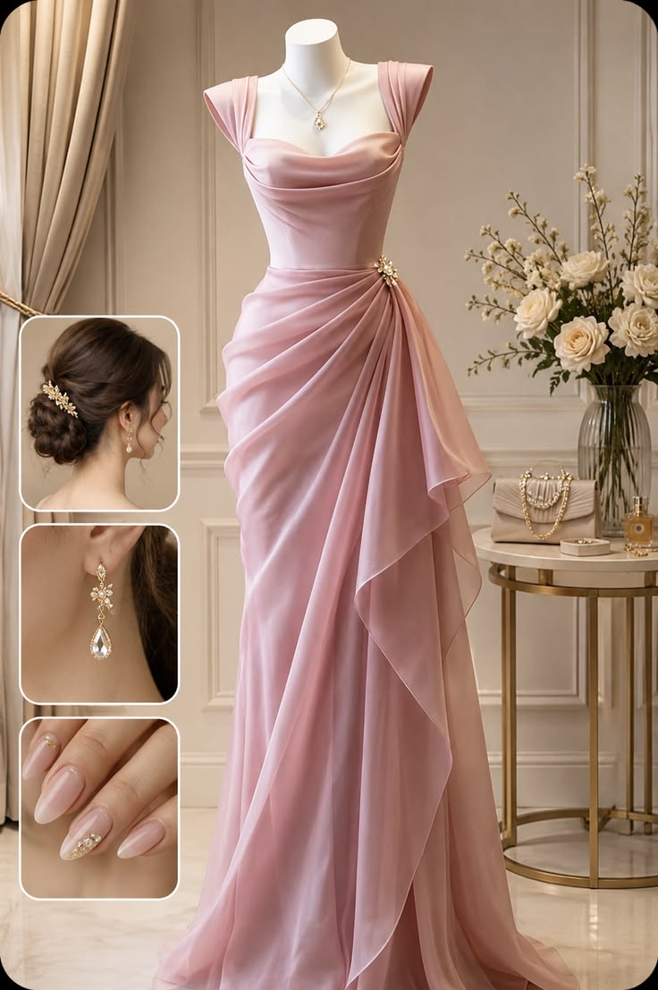 Pink Prom Dress Long Floor Length Mermaid Sweetheart Chiffon Formal Evening Gown For Women RC0218