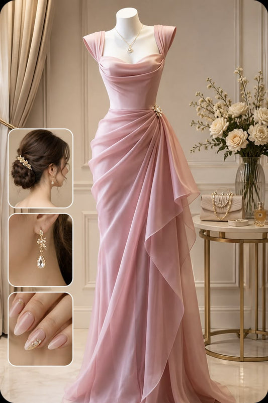 Pink Prom Dress Long Floor Length Mermaid Sweetheart Chiffon Formal Evening Gown For Women RC0218