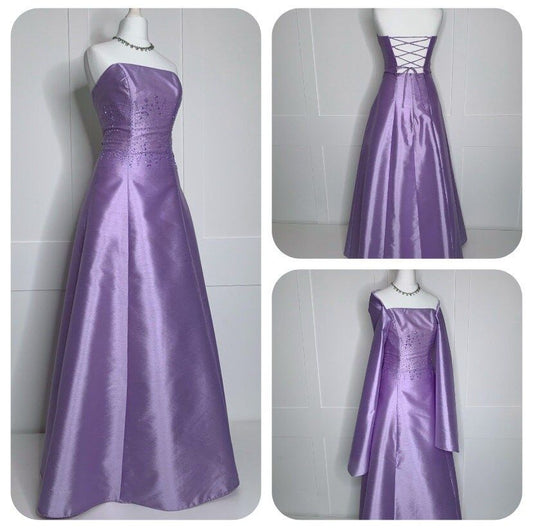 Einfaches A-Linien trägerloses hellviolettes Satin-Kleid mit Cape Ärmellos Langes Abendkleid 21. Geburtstag Abschlussballkleider N2413