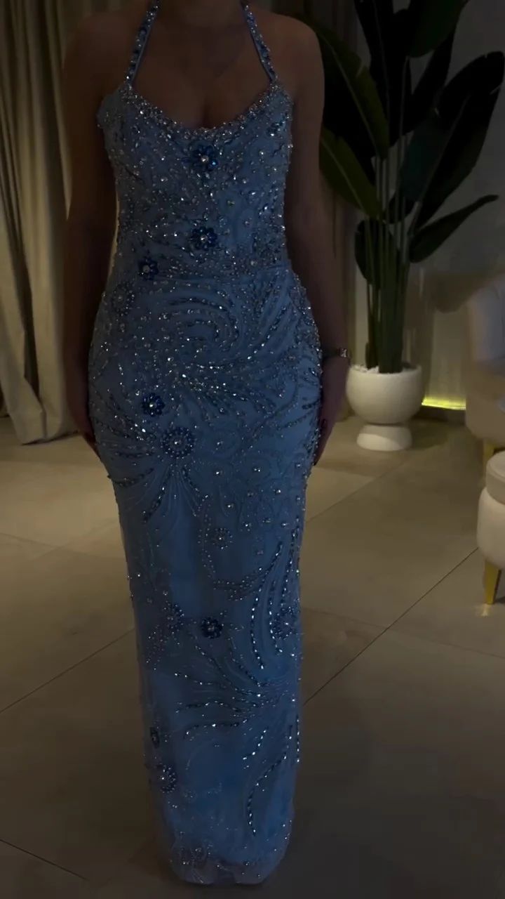 Robe de bal longue sirène bleu marine à perles, dos nu, inspiration robe de soirée N225