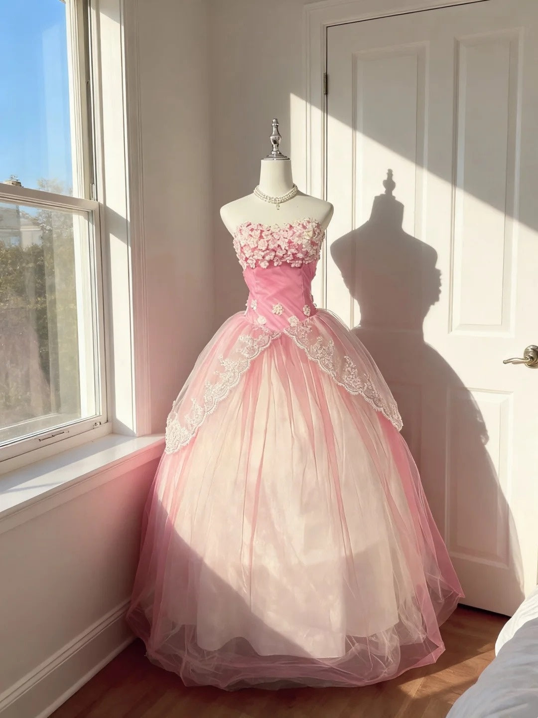 Elegantes Ballkleid Trägerlos Rouge-Rosa Mit Spitze Quinceañera-Kleid Voluminös Lang Sweet 16 Quinceañera-Kleider Vestido de Princesa RB4496
