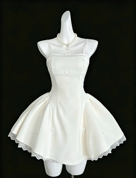 Simple Ball Gown Spaghetti Straps White Satin Mini University Ideas Homecoming Dresses Inspo Short Hoco Court Gowns RB7194