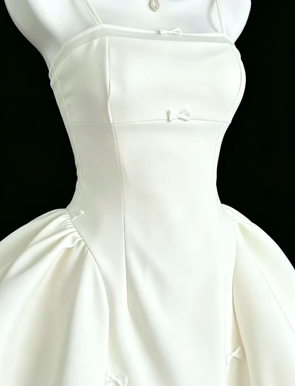 Simple Ball Gown Spaghetti Straps White Satin Mini University Ideas Homecoming Dresses Inspo Short Hoco Court Gowns RB7194