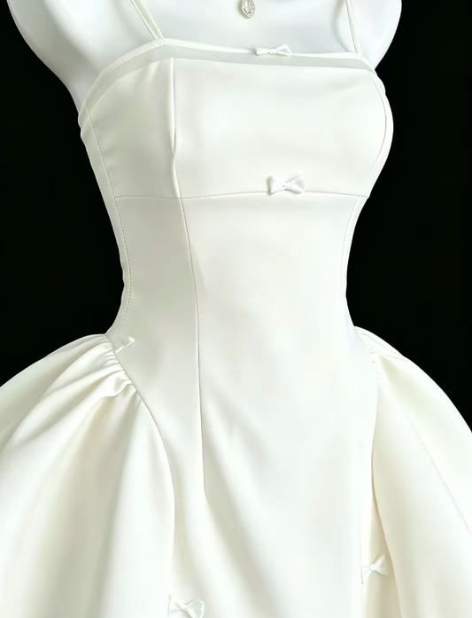 Simple Ball Gown Spaghetti Straps White Satin Mini University Ideas Homecoming Dresses Inspo Short Hoco Court Gowns RB7194