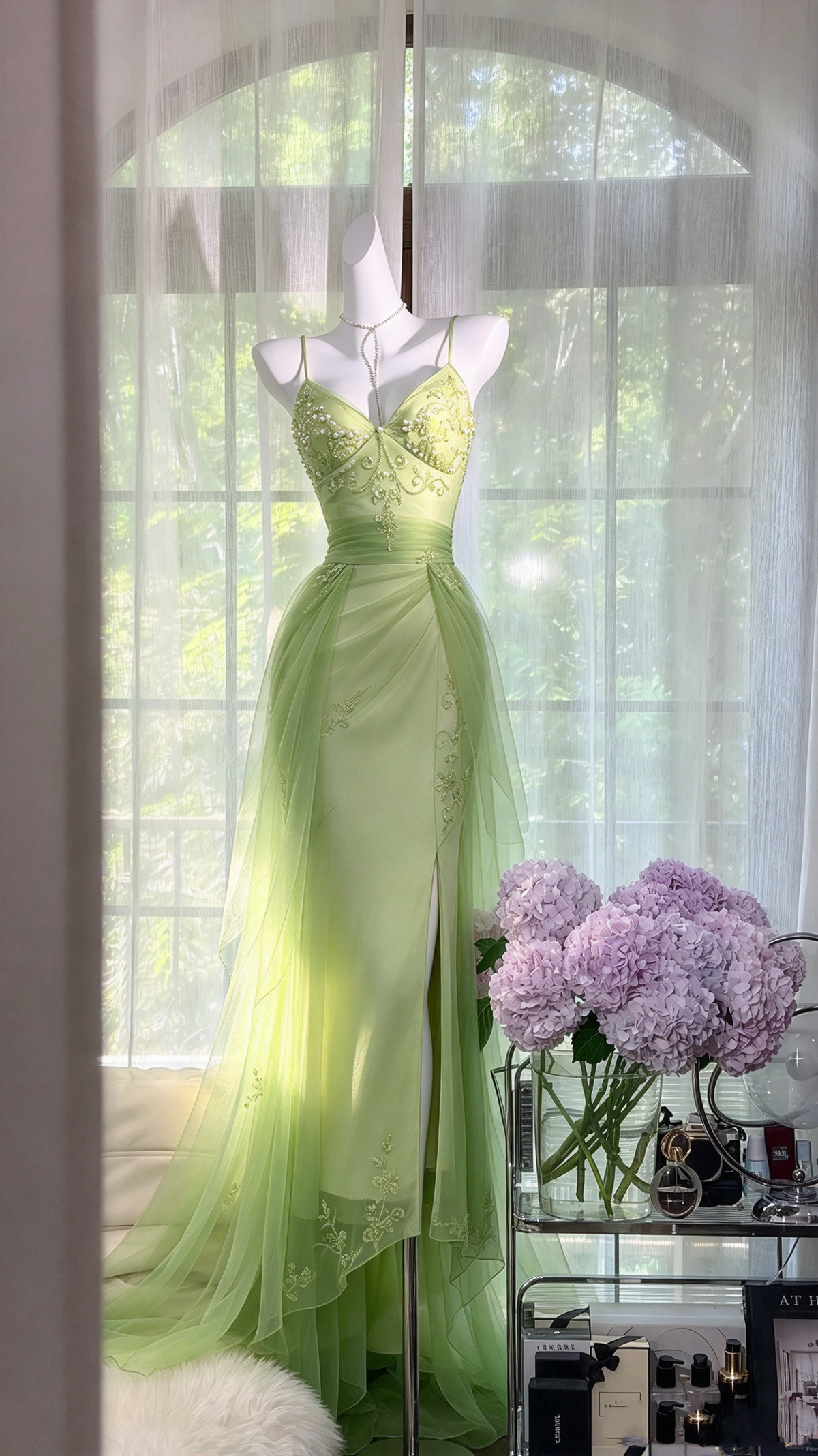 Sexy Mermaid Spaghetti Straps Sage Green Tulle Beaded Long Prom Dresses Inspo Party Gown RC1270