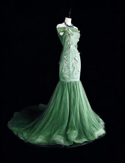 Robe de bal longue vintage sirène vert sauge à épaules dénudées, en dentelle, années 70, référence N1836