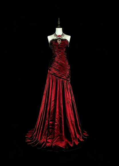 Robes de bal vintage sirène bustier bordeaux foncé satinées avec perles années 80 longue robe de soirée N2708