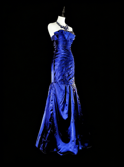 Robe de bal vintage sirène bustier bleu royal ornée de perles, inspiration classique N2005