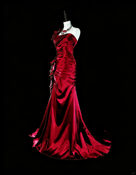 Vintage 1980s Mermaid One Shoulder Red With Pleated Ruffles Sleeveless Long Prom Formal Dresses N1602
