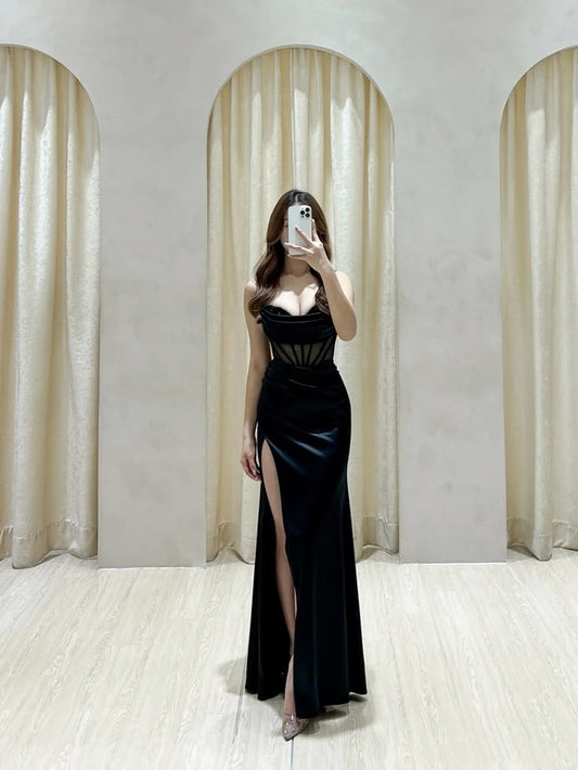 Robe de bal de fin d'année modeste pour lycéennes - Inspiration lycéennes - Robe sirène noire à fines bretelles et fente - Robe longue semi-formelle pour adolescentes AB2116