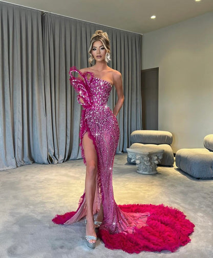 Elegantes, trägerloses Meerjungfrauen-Ballkleid in Marineblau, langes Abendkleid, festliche Robe, pinkfarbenes Paillettenkleid mit Beinschlitz, Abendgarderobe AB762