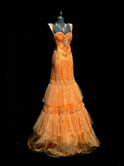 Elegantes, orangefarbenes Meerjungfrauen-Kleid mit herzförmigem Ausschnitt und Lagenlook – perfekt für College, Abschlussball und andere festliche Anlässe für Teenager (N1189)
