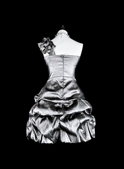 Unique Ball Gown One Shoulder Silver Gray Mini Short Homecoming Dresses Hoco Cocktail Gowns N3071