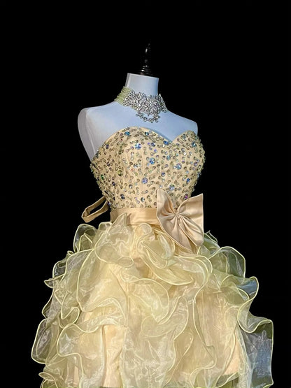 Robe de bal chic en organza jaune à décolleté cœur, tenue de soirée pour le bal de fin d'année scolaire, robe de remise de diplômes pour adolescentes N1370