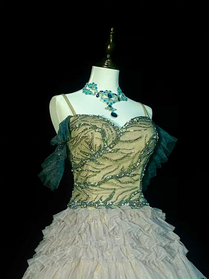 Chic Ball Gown Spaghetti Straps Tulle Long College Formal Outfit Prom Graduation Dresses For Teens N1371