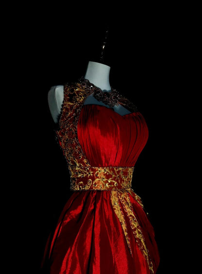 Robe de bal de fin d'année bordeaux, coupe trapèze, sans manches, ornée d'appliqués dorés, référence N1369