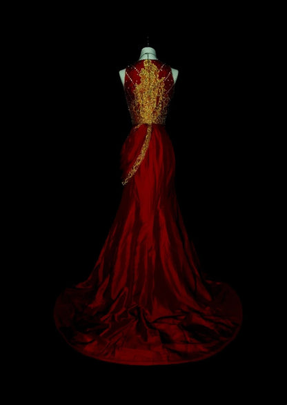 Robe de bal de fin d'année bordeaux, coupe trapèze, sans manches, ornée d'appliqués dorés, référence N1369