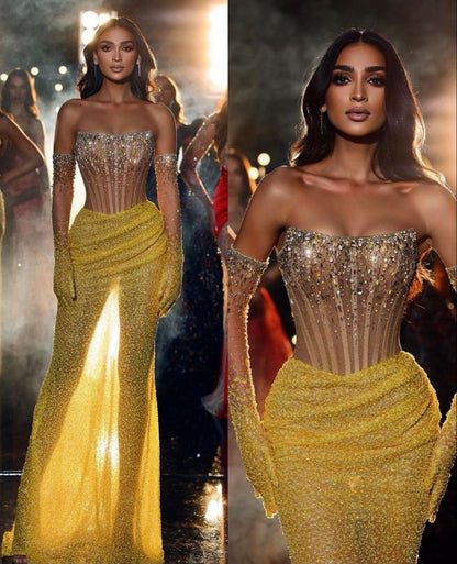 Elegante, schlichte Ballkleider für die Oberstufe: Meerjungfrauen-Kleid, trägerlos, gelb, mit Schlitz für schwarze Mädchen, halbformelles, langes Abschlussballkleid für Teenager AB2006