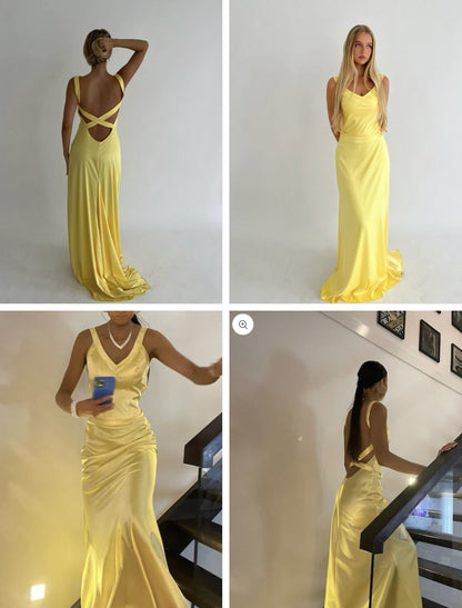 Gelbes Meerjungfrauen-Abendkleid aus gelbem Satin mit V-Ausschnitt und offenem Rücken, langes Abendkleid, Ballkleid, Hochzeitsgastkleid N267