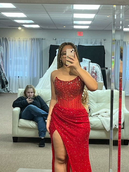 Modest Mermaid Strapless Red Sequin Black Women People Slit Prom Dresses With Beads Evening Party Formal Gown 17th Birthday Outfits AB803
