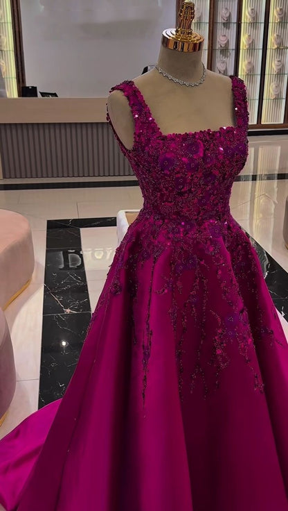 Robe de bal ravissante en satin rose fuchsia à col carré, idéale pour un bal de promo, une soirée, un 21e anniversaire ou une remise de diplôme (AB1322)