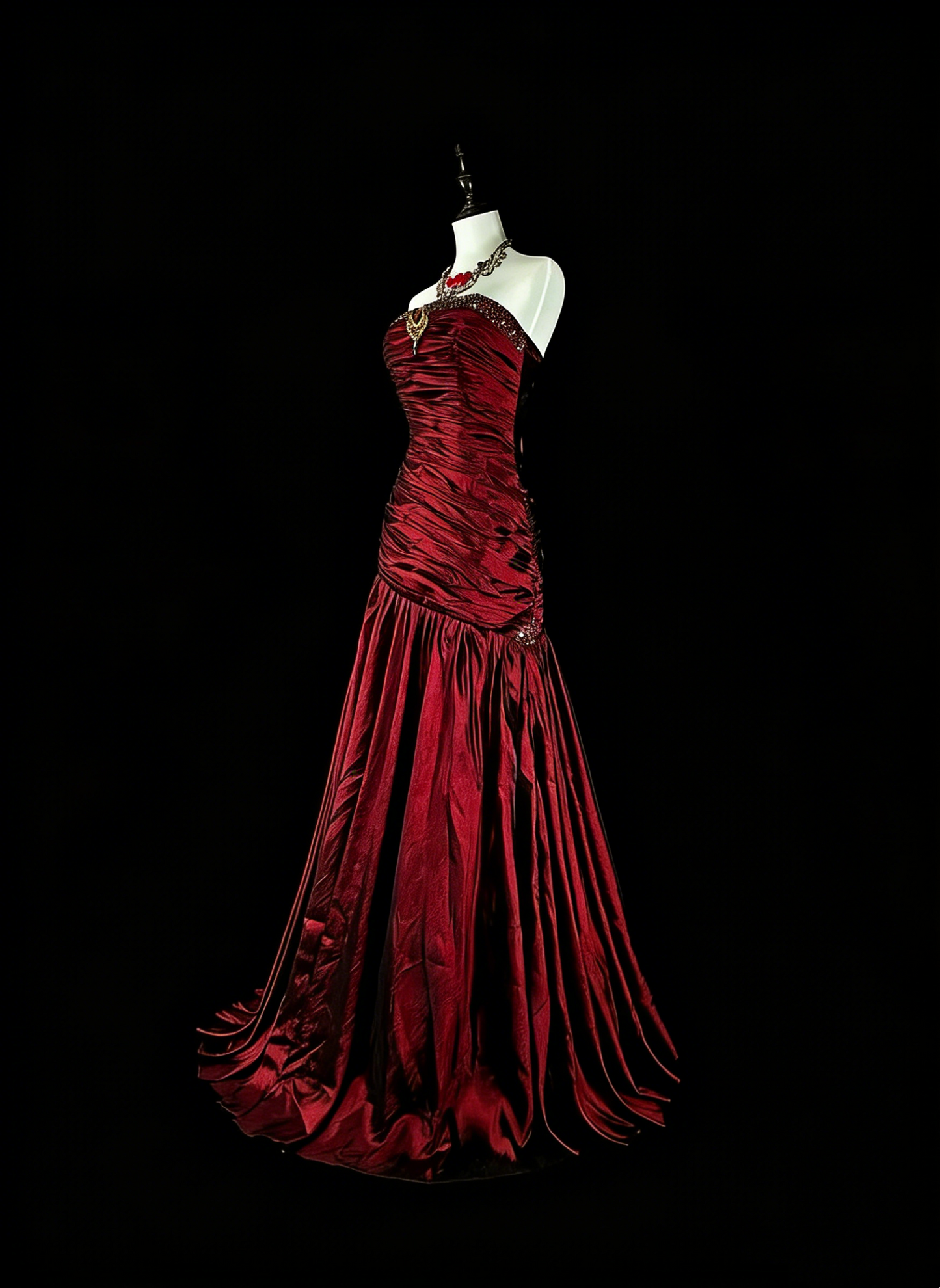 Robes de bal vintage sirène bustier bordeaux foncé satinées avec perles années 80 longue robe de soirée N2708