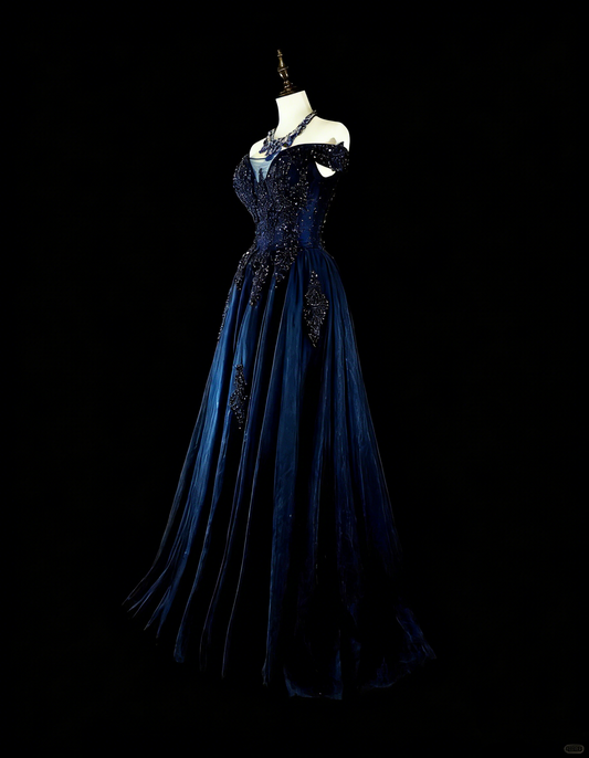 Vintage 1980s A Line Off The Shoulder Navy Blue Tulle With Sleeves Lace Long Prom Formal Dresses N1604