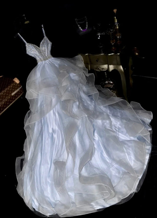Elegant Ball Gown Spaghetti Straps Light Sky Blue With Tiered School Dances Prom Dresses 8th Grade Formal Outfits Evening Dress RB8389