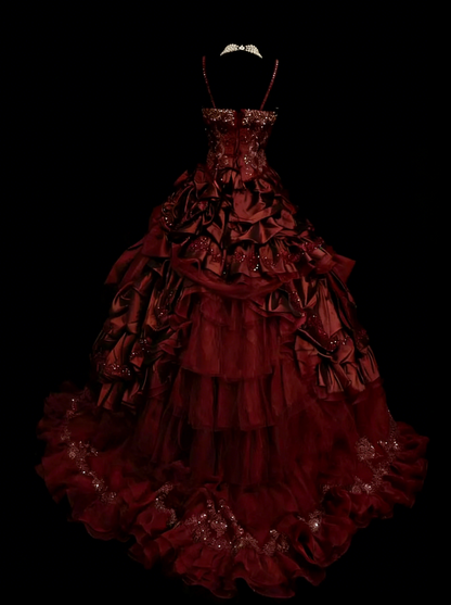 Vintage Ballkleid mit Spaghettiträgern, burgunderroter Satin, gestuft, Sweet 16 Kleid, Quinceañera Kleid, lang, Vestidos De Fiesta N1447