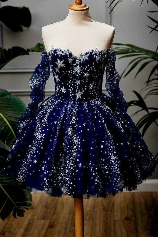 Sparkling Navy Blue Mini Dress Homecoming Dresses 2026 Ball Gown Off The Shoulder Birthday Cocktail Outfits RB6290