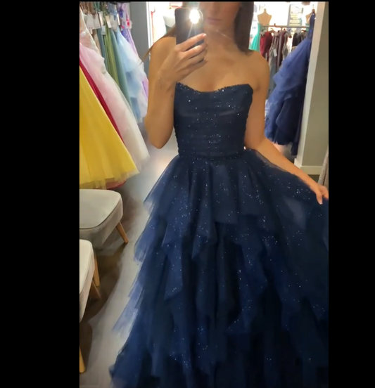 Stunning Navy Blue Strapless Beaded Tulle Long Prom Dresses Evening Formal Dress AB323