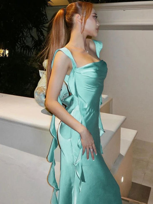 Robe longue élégante en satin dos nu à franges, robe de bal sexy sans manches, robe de soirée AB142