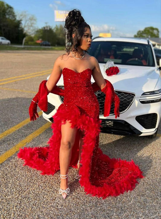 Elegant Red Sequin Long Prom Dresses With Slit Evening Dresses AB1638