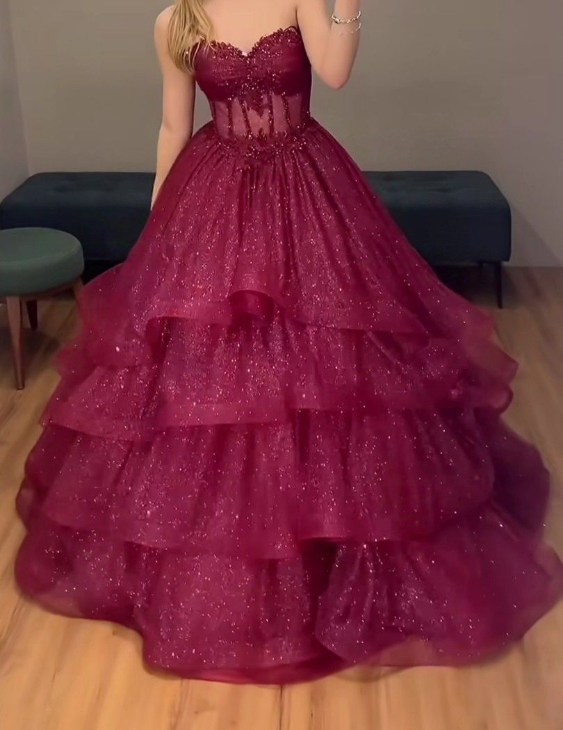 Elegantes Ballkleid mit Herzausschnitt, burgunderrot, aus Tüll und Spitze, langes Abendkleid AB465