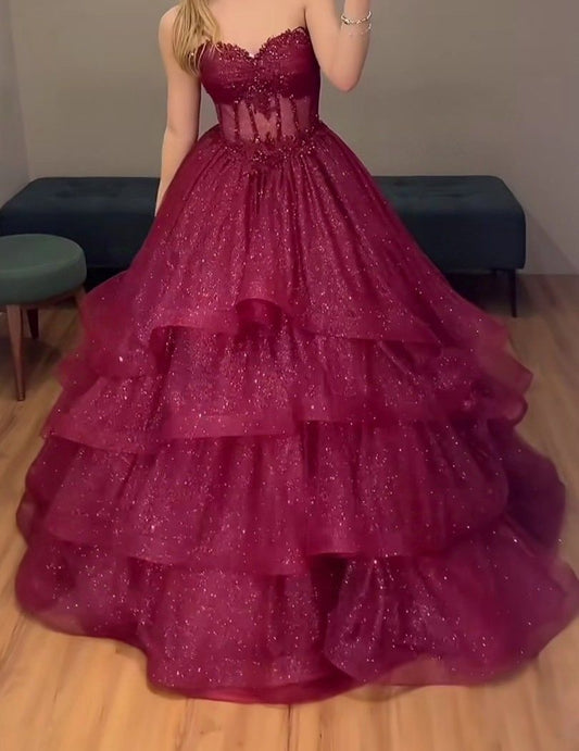 Elegantes Ballkleid mit Herzausschnitt, burgunderrot, aus Tüll und Spitze, langes Abendkleid AB465