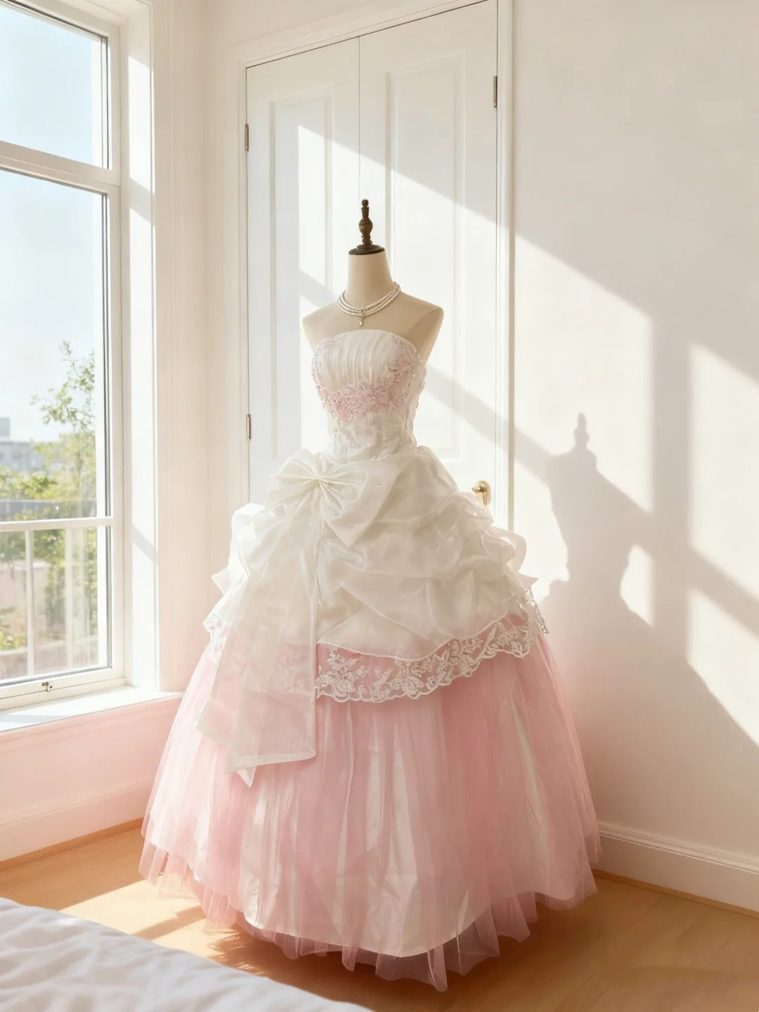 Magnifique robe de bal bustier blanc rose ornée de dentelle avec applications robe de quinceañera longue robe de princesse douce 16 ans RB4497