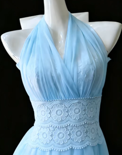 Cute Ball Gown Halter Blue Chiffon Short Mini High School Ideas Homecoming Dress Inspo Birthday Dresses Senior Graduation Outfits RB7196