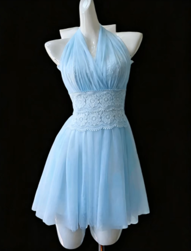 Cute Ball Gown Halter Blue Chiffon Short Mini High School Ideas Homecoming Dress Inspo Birthday Dresses Senior Graduation Outfits RB7196