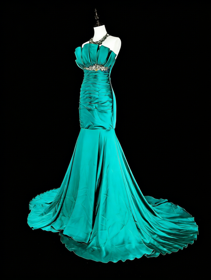 Robe de bal longue vintage sirène bustier en satin vert années 70 avec plis et perles, N1842