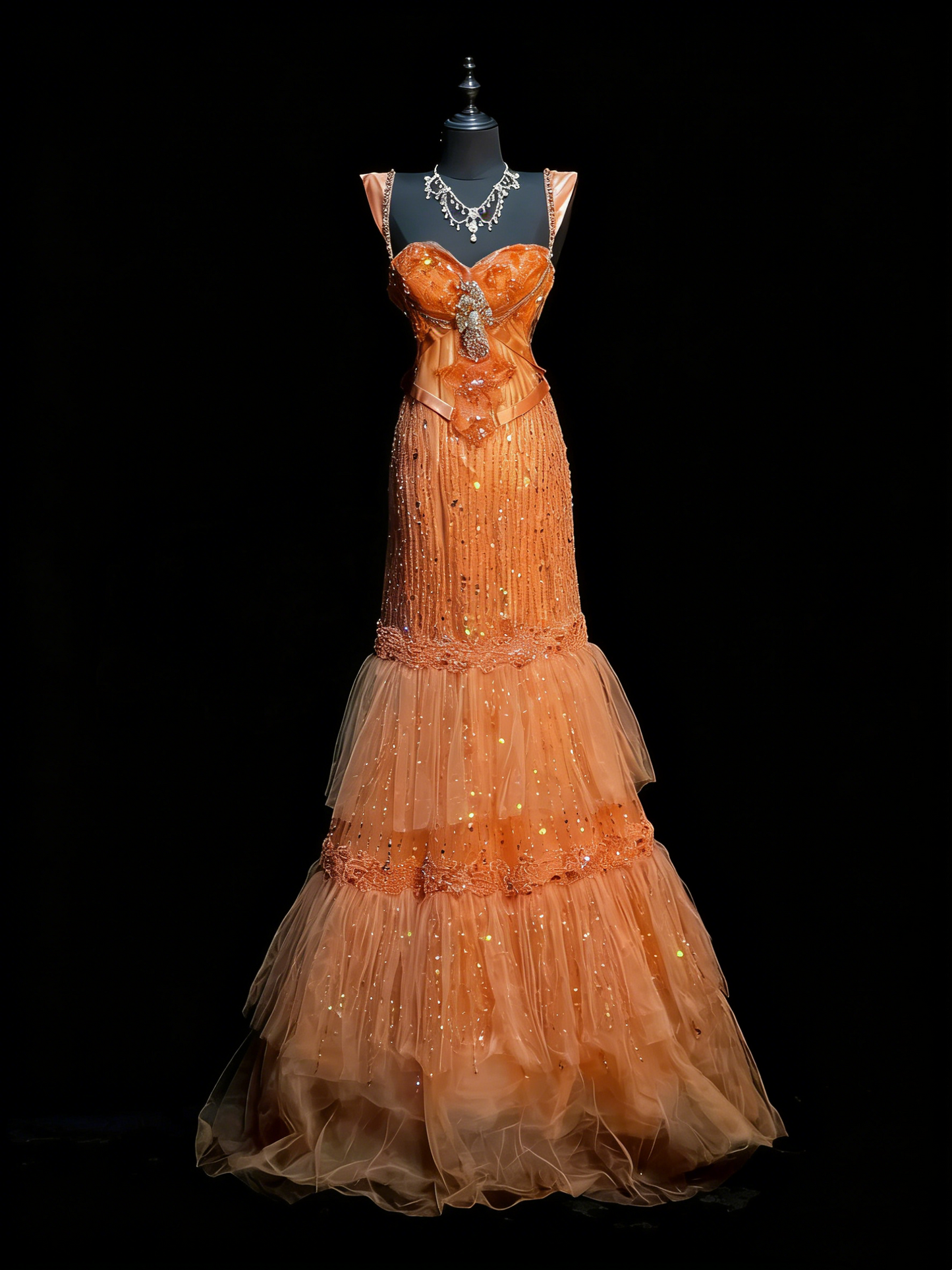 Elegantes, orangefarbenes Meerjungfrauen-Kleid mit herzförmigem Ausschnitt und Lagenlook – perfekt für College, Abschlussball und andere festliche Anlässe für Teenager (N1189)