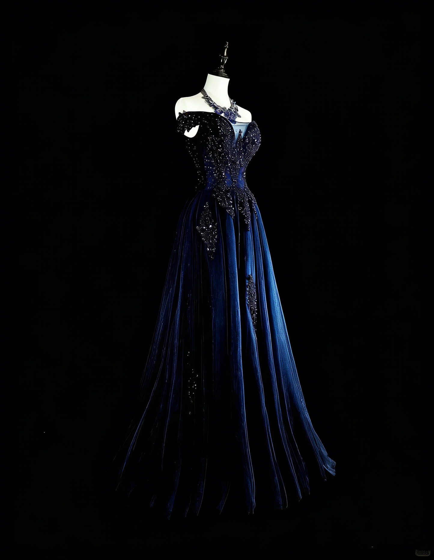 Vintage 1980s A Line Off The Shoulder Navy Blue Tulle With Sleeves Lace Long Prom Formal Dresses N1604