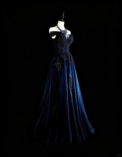 Vintage 1980s A Line Off The Shoulder Navy Blue Tulle With Sleeves Lace Long Prom Formal Dresses N1604