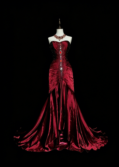 Robe de bal rétro sirène bustier cœur en satin bordeaux vin avec perles et sans manches, style années 70, robe de soirée longue et formelle N1493