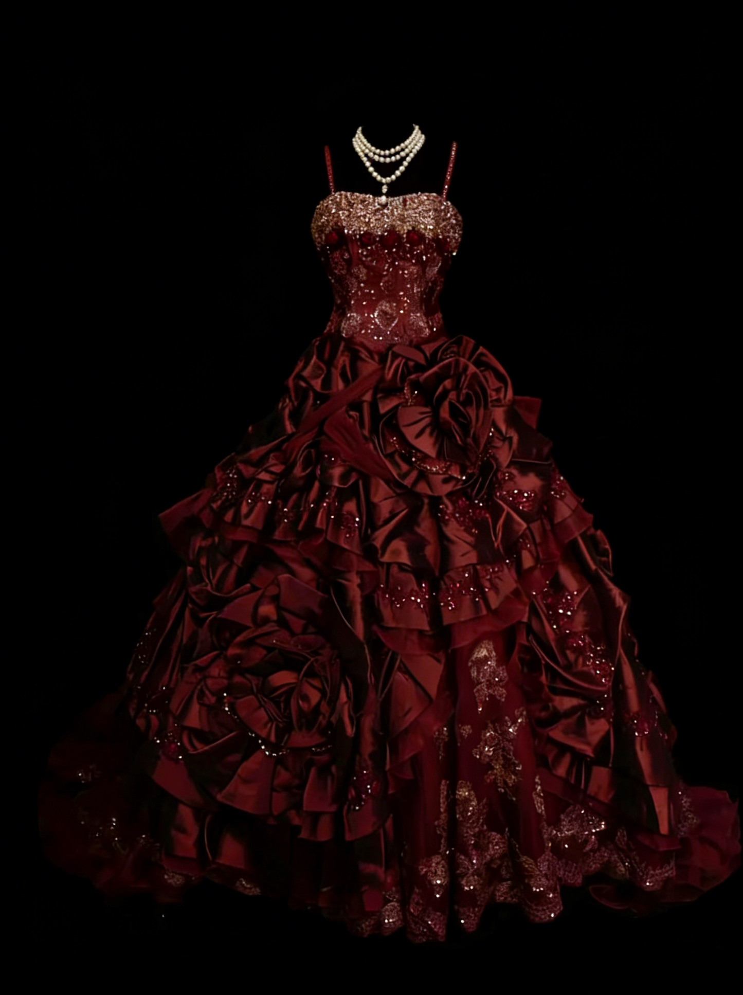 Vintage Ballkleid mit Spaghettiträgern, burgunderroter Satin, gestuft, Sweet 16 Kleid, Quinceañera Kleid, lang, Vestidos De Fiesta N1447