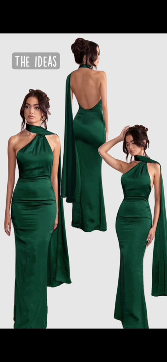 Modest Mermaid High Neck Green Satin Sleeveless Spring Summer Event Outfits Wedding Guest Dresses RB3829