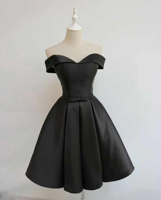 Simple Ball Gown Black Off The Shoulder Satin Short Homecoming Dresses Party Cocktail Hoco Outfits RB8750