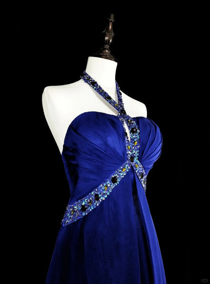 Robe de soirée vintage trapèze en mousseline bleu roi, style années 90, idéale pour un anniversaire ou un bal de promo (N1751)