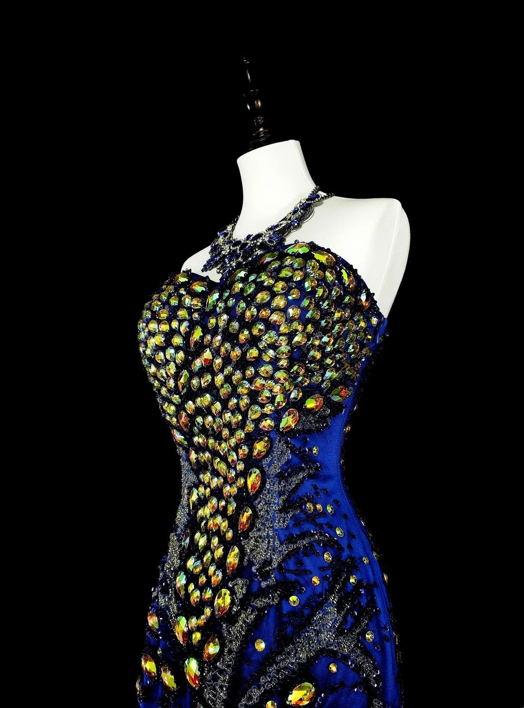 Vintage Meerjungfrauen-Abendkleid in Königsblau aus den 70er Jahren, langes Tüllkleid mit Herzausschnitt, N1833